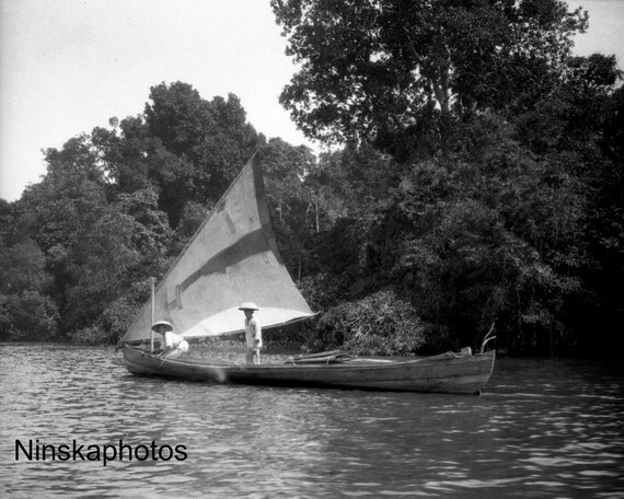 Boat on the River on the way to Mandomai, Kalimantan, Borneo, Indonesia - 1925 - Fine Art Antique Photo Print - Vintage Photo - 2990