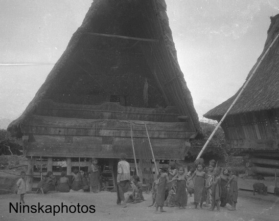 Batak Fisherman's House and Children - near Lake Toba, Sumatra - Indonesia - 1925 - Fine Art Antique Photo Print - Vintage Photo - 3519