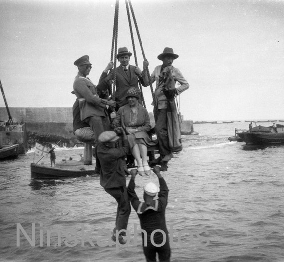Disembarking S.S. Orbita by crane, Mollendo, Peru, 1920s antique photo reprint, Curiosity, Humorous Funny Strange Photography