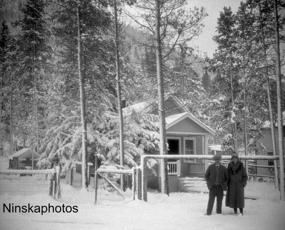 Locals by their House after a snowstorm in Banff National Park, Alberta Canada 1926 - Fine Art Antique Photo Print - Vintage Photo - 6416