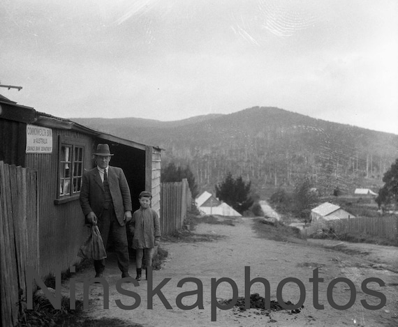 A visit to the bank in rural Tasmania (between Launceston and St Helens)  by J. Dearden Holmes, 1920s antique photo reprint, railway
