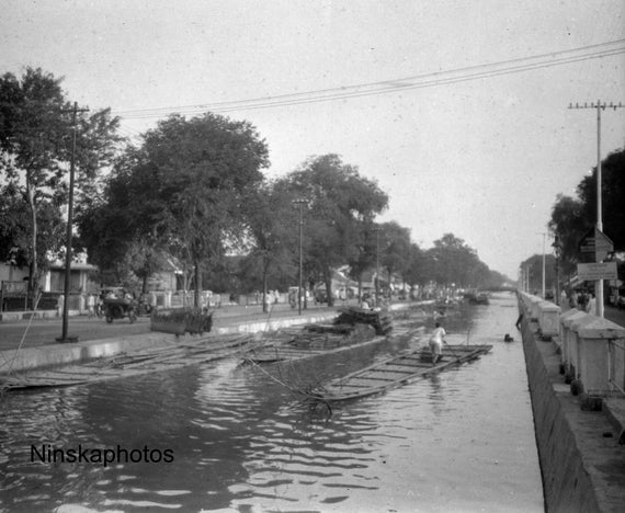 Batavia Jakarta - Canal Scene and Boats - Java, Indonesia - 1925 - Fine Art Antique Photo Print - BNW - Vintage Photo - 3290