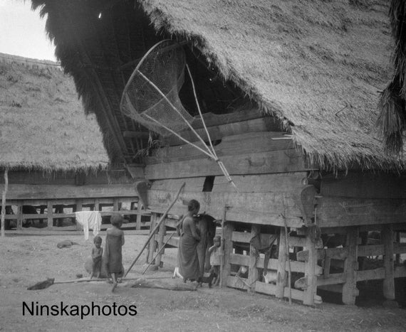 Batak Fisherman's House and Locals - near Lake Toba, Sumatra - Indonesia - 1925 - Fine Art Antique Photo Print - Vintage Photo - 3521
