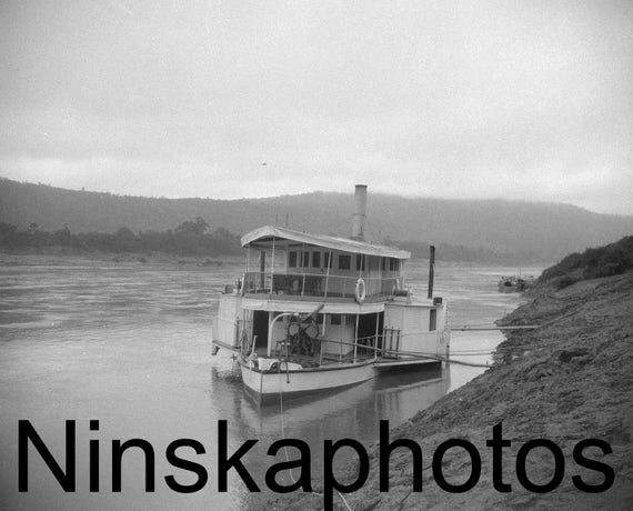 Myanmar, Burma, Government Launch Boat 'Pirate' in the Village of Sinbo, Asia, 1920s antique photo reprint
