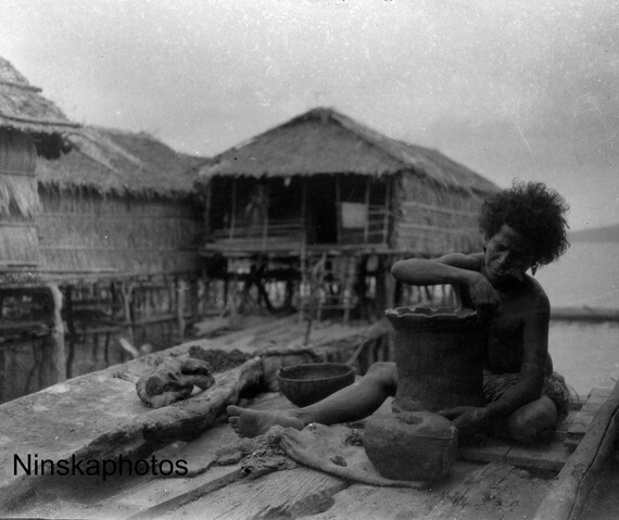 1920s Woman Making Pots in Papua New Guinea Antique Photo Reproduction - Vintage Photography - Black and White