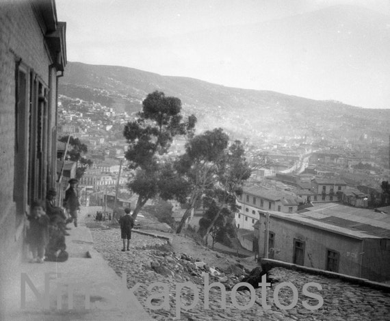 Street Scene & View of City, Valparaiso, Chile by J. Dearden Holmes, 1920s antique photo reprint - Available Framed