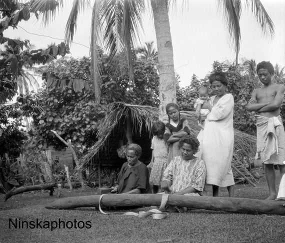 Beating out Tappa Cloth in Nuku'alofa, Tonga, 1920s antique photo reprint, wall decor, black and white photography, Pacific Islands