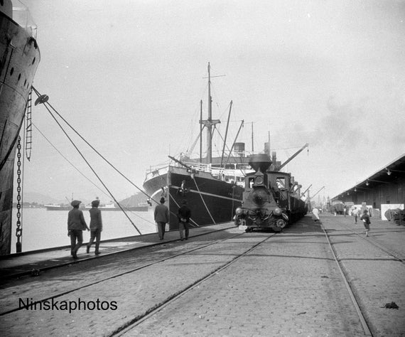 Steam Train and Brazilian Gunboat at Santos Wharf, Brazil 1927 - Fine Art Antique Photo Print - Vintage Photo - 8668