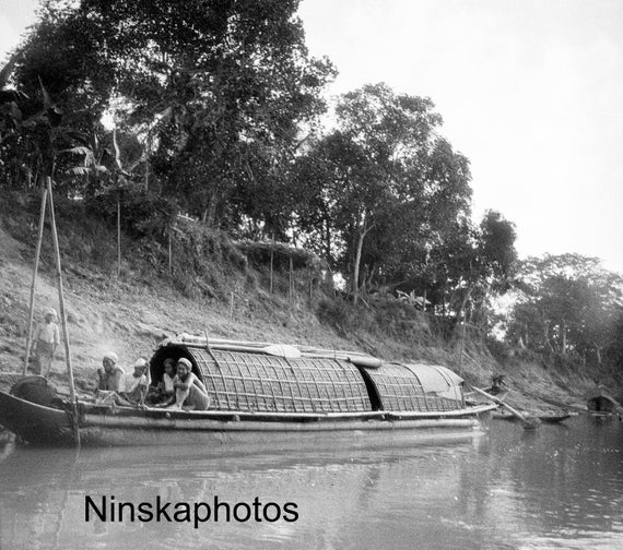 1920s Boat by the Bank On the Irrawaddy Burma Myanmar 1920s Antique Photo Reproduction - Vintage Photography Black and White