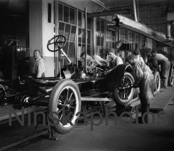 Ford Model T, Assembly Line, Ford Factory Fordson Plant, Detroit, Michigan, 1920s antique photo reprint, Gift for Mechanic, Automobile, Car