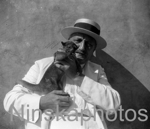 Mr Bowes with 'Snooks', Man & Monkey, Manaos, Brazil 1927 by J. Dearden Holmes, 1920s antique photo reprint