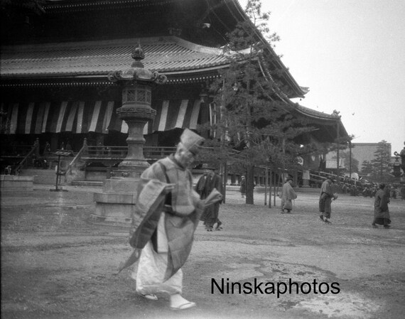 1920s Kyoto, Shinto Priest Outside the Great Temple, Japan, Black & White Photography, 1920s antique photo reprint - Available Framed