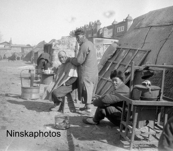 1920s Barber stall in Nankow - China Antique Photo Reproduction - Vintage Photography - Black and White