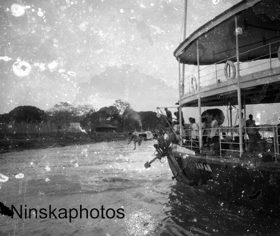 Maubin - The Irrawaddy - River Boat - Diver - Burma - Myanmar - 1925 - Fine Art Antique Photo Print - Vintage Photo - Black & White