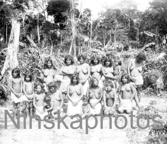 Group of Indigenous Women at Government 'Primero' Post on the Maici River, Amazonas, Brazil, 1920s antique photo reprint, Amazon Tribe