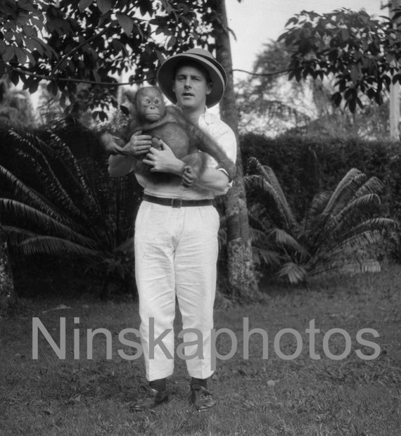 Mr Mudford and Bill the Orangutan in Sarawak, Borneo, Malaysia by J. Dearden Holmes, 1920s antique photo reprint