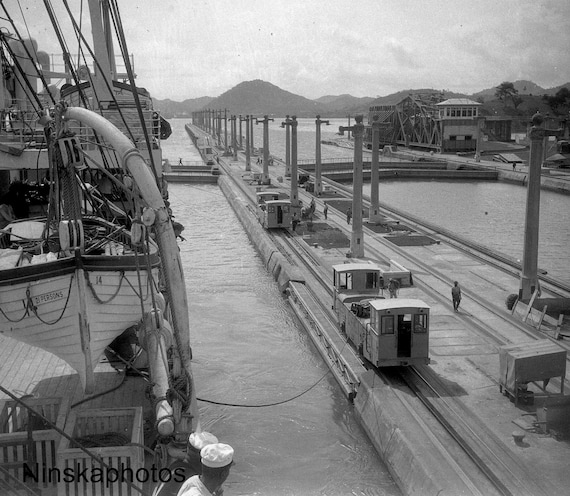 Panama Canal - Locomotive on the Lock - Trip on the S.S. Orbita - Panama 1927 - Fine Art Antique Photo Print - Vintage Photo - BNW