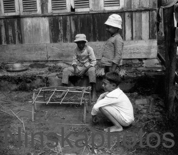 Uruapiara, Amazonas, Brazil, Little boys making miniature huts, 1920s antique photo reprint, Vintage Children Photo