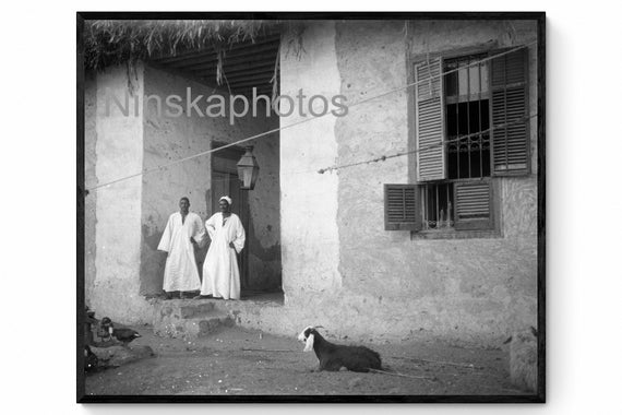 Two Men and a Goat in Cairo, Egypt by J. Dearden Holmes, 1920s antique photo reprint