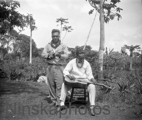 Pair of Musicians in Keaukaha, Hilo, Hawaii, United States, 1920s antique photo reprint