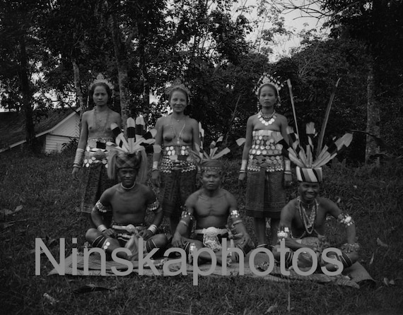 Dayak Men & Women in traditional dress, Kuching, Sarawak, Borneo, Malaysia by J. Dearden Holmes, 1920s antique photo reprint