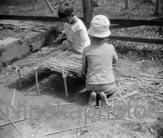 Uruapiara, Amazonas, Brazil, Little boys making miniature huts, 1920s antique photo reprint, Vintage Children Photo