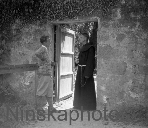 Santa Barbara Mission, Priest and Youth in conference, United States, 1920s antique photo reprint - Wall Decor - Christianity