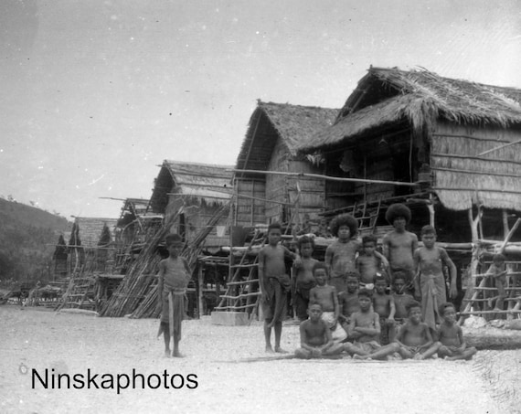 1920s Group in front of Huts, Papua New Guinea Antique Photo Reproduction - Vintage Photography - Black and White