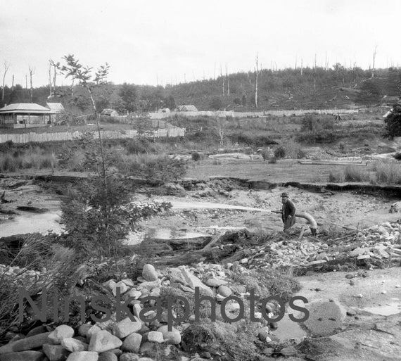 Sluicing for Tin, Tasmania (between Launceston and St Helens)  by J. Dearden Holmes, 1920s antique photo reprint, railway