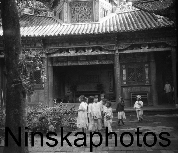 Chinese Children at a Joss House in Bhamo, Myanmar, Burma, Asia, 1920s antique photo reprint, Colonial Burma, Chinese Temple