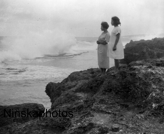 Nuku'alofa Tonga - Two Girls watching the spray from blowholes - 1925 - Fine Art Photo Print - Vintage Photo - Black & White