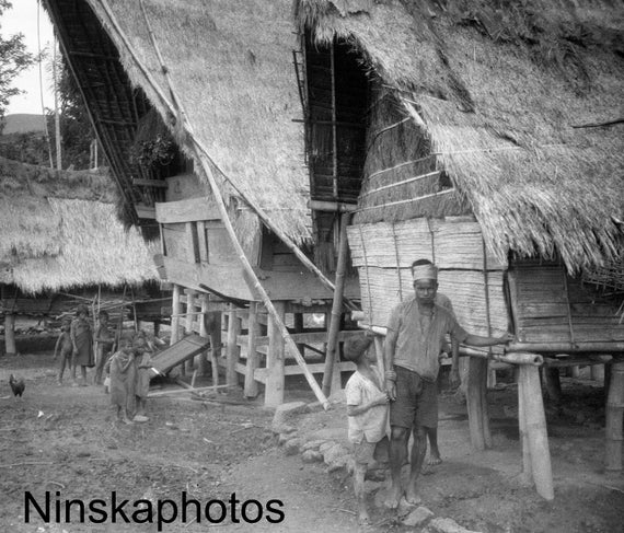 Batak Fisherman's House and Locals - near Lake Toba, Sumatra - Indonesia - 1925 - Fine Art Antique Photo Print - Vintage Photo - 3520