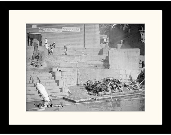 By the Ganges River - Burning Ghat, Benares, Varanasi, India Vintage Photo Reproduction by James Dearden Holmes - Historical Photo