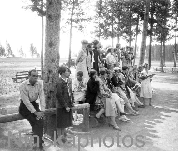 The Merry Staff at Yellowstone Lake, Yellowstone National Park, Wyoming, United States, 1920s antique photo reprint