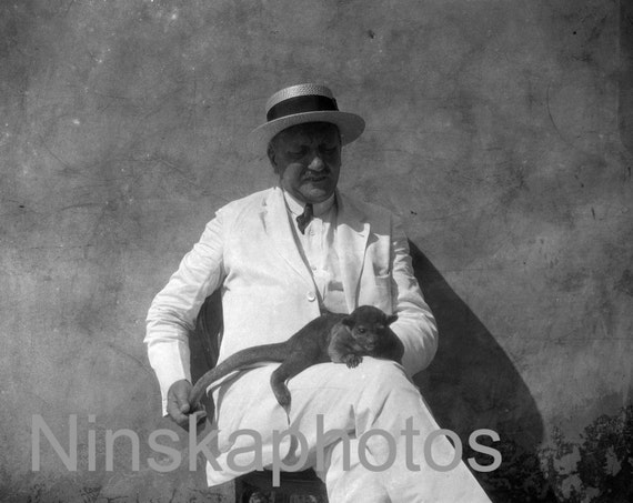 Mr Bowes with 'Snooks', Man & Monkey, Manaos, Brazil, 1920s antique photo reprint