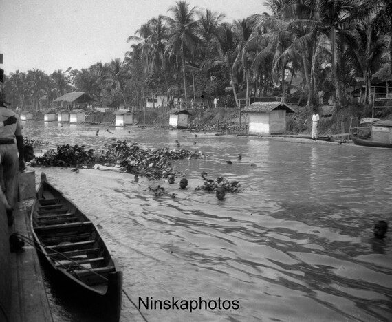 Negara River Scene - Children Swimming, Kalimantan, Borneo - Indonesia - 1925 - Fine Art Antique Photo Print - BNW - Vintage Photo