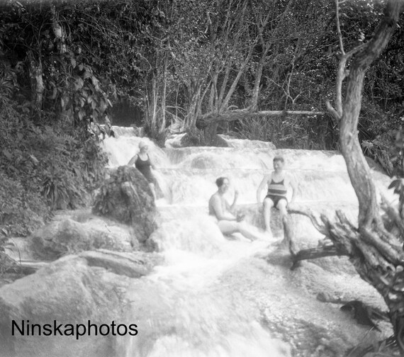 1920s St Ann's Bay Jamaica - Bathers in Dunns River- Antique Photo Reproduction - Vintage Photography - Black and White