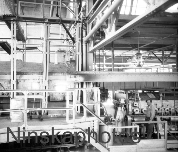 Glass Plant - Molten glass leaving furnace, Ford Factory, Highland Park, Detroit, Michigan, United States, 1920s antique photo reprint