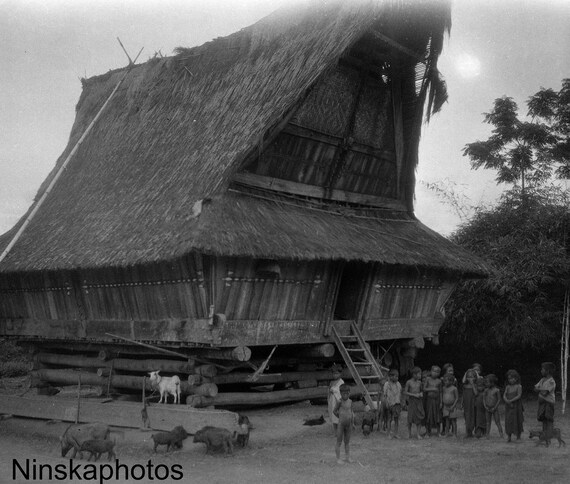 Fisherman's House and Children - near Lake Toba, Sumatra - Indonesia - 1925 - Fine Art Antique Photo Print - Vintage Photo - 3515