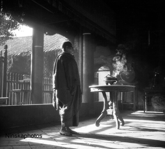 Buddhist Priest at Alter in Chinese Joss House, Bhamo, Myanmar, Burma, Asia, 1920s antique photo reprint, Black and White, Wall Deco Temple