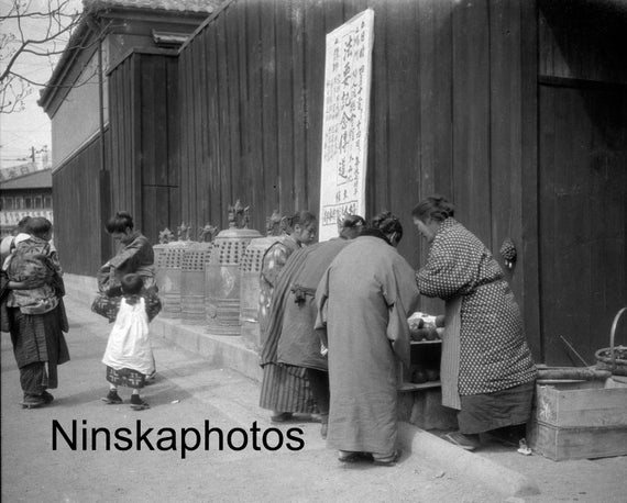 1920s Kyoto Street Scene, Japanese Women and Bronze Bells, Black & White Photography, 1920s antique photo reprint - Available Framed