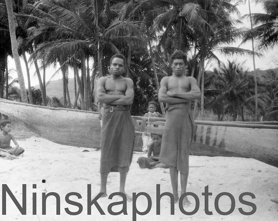 1920s Papua New Guinea, Two men and a boat, antique photo reprint, wall decor, black and white photography