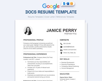 Professional Google Docs Resume Template with Photo, Matching Cover Letter & References Template, Sleek Google Docs Resume Template