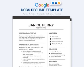 Executive Google Docs Resume Template, Modern Google Docs Resume Template, Google Docs Resume Template with Cover Letter, Instant Download