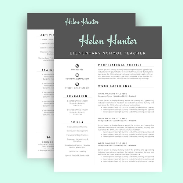 Resume Template / CV Template for Word, Two Page Resume, Cover Letter, Professional Resume, Creative Resume, Teacher, INSTANT DOWNLOAD