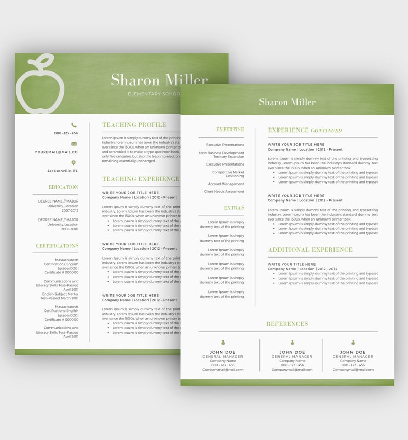Two Page Resume Cover Letter INSTANT DOWNLOAD Educator Resume Creative and Modern Resume Teacher Resume Template CV Template for Word