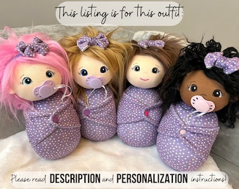 Swaddle Baby Doll “POLKA DOT” print Minky Handmade Waldorf inspired snuggle doll -look alike - customized - custom made rainbow sweetie