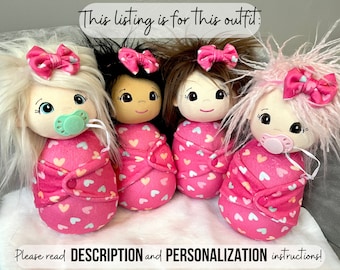 Swaddle Baby Doll "PINK HEARTS" print Minky Handmade Waldorf inspired snuggle doll - look alike - customized - custom made rainbow sweetie