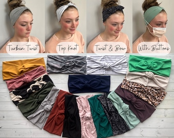 Wide Double brushed poly Solids, stripes, camo, leopard, cow print - jersey knit turban twist headbands with buttons- black heather grey