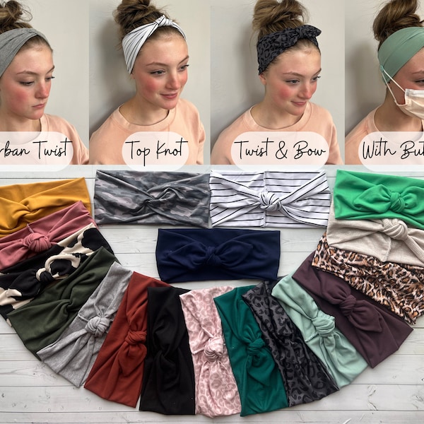 Wide Double brushed poly Solids, stripes, camo, leopard, cow print - jersey knit turban twist headbands with buttons- black heather grey